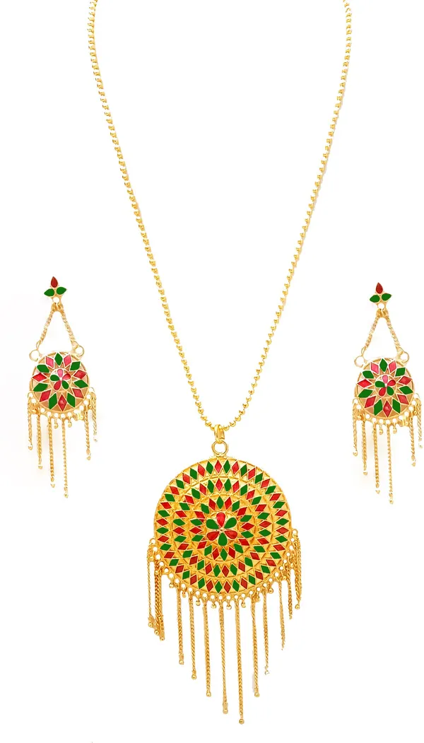 Assamese_Traditional_Gold_Plated_Red_Green_Colour_Japi_Chain_Jewellery_Set_For_Women